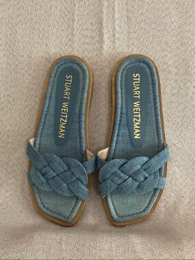 Stuart Weitzman Blue Braided Denim Slides